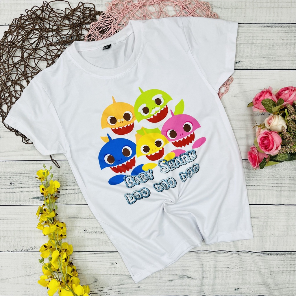 Áo thun trắng trẻ em Baby Shark đáng yêu, thun mềm mịn từ 10kg - 60kg