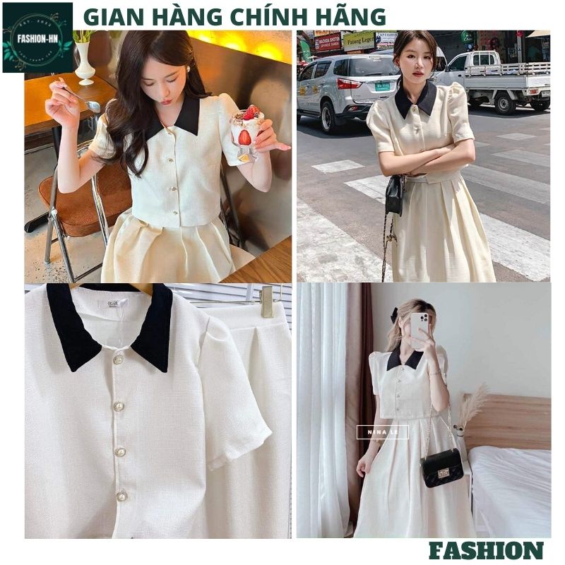 Sét váy nữ trắng xòe dáng dài và áo cộc tay bồng tiểu thư - Bộ chân váy sang chảnh ulzang - FASHION V86