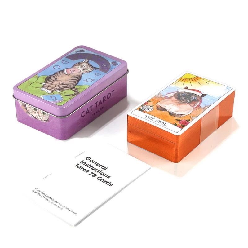 Bộ Bài Cat Tarot cards có mạ vàng, Tarot mèo 78 lá cơ bản, hộp thiếc