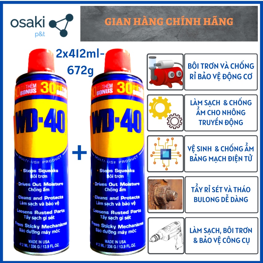 (COMBO 2 CHAI) Chai Xịt Chống Rỉ Bôi Trơn Chống Ẩm Đa Năng WD40 WD-40 2x412ml  (2x336g)