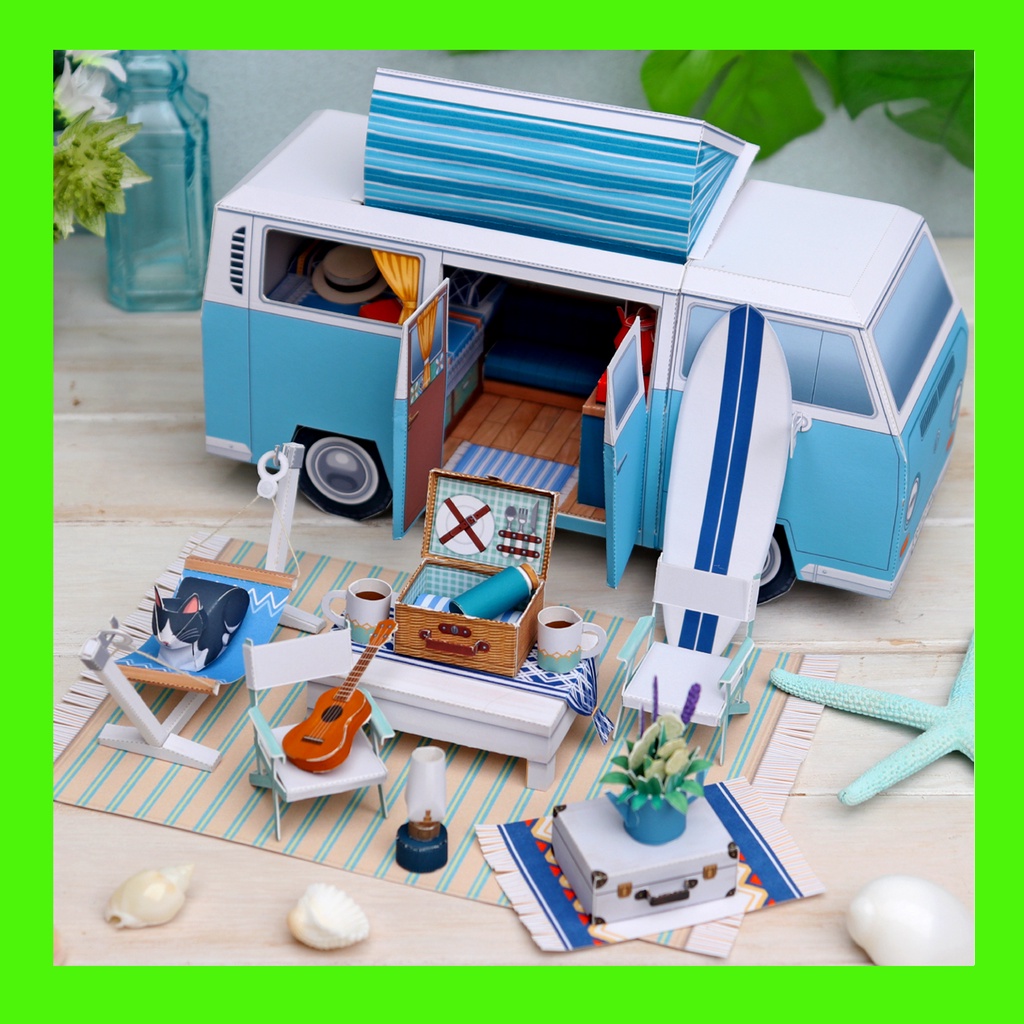 Mô hình handmade bằng giấy - Xe dã ngoại (Picnic car - Papercraft) (Tặng kèm 1 tấm decal "money chibi")