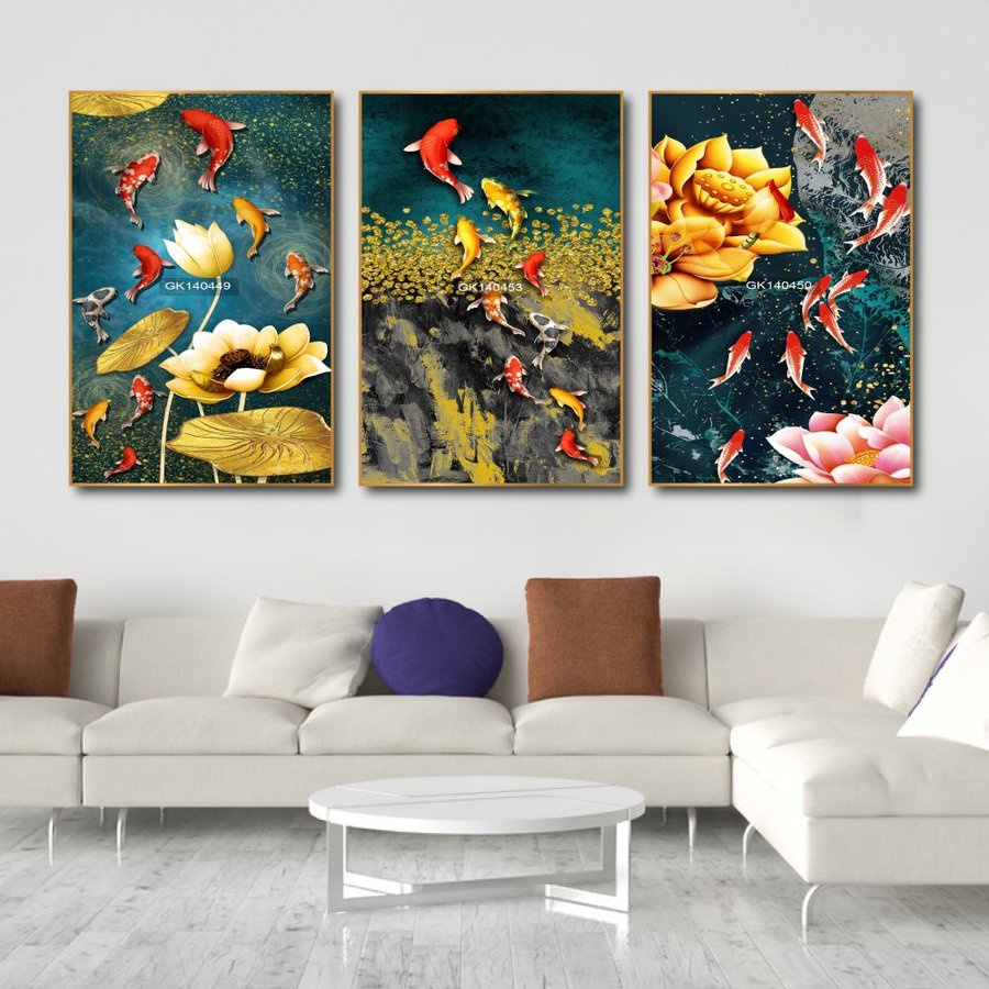 Bộ 3 Tranh treo tường canvas Lala hoa sen mang nhiều ý nghĩa phong thủy tốt lành trang trí phòng khách kèm đinh 3 chân