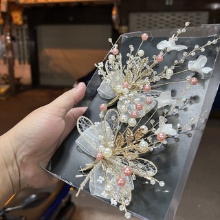 Đôi cài tóc cô dâu nơ voan đính hạt hồng