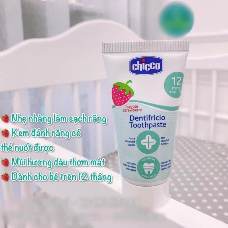 Kem đánh răng chicco cho bé từ 6 tháng CHICCO, nội địa Ý tuýp 50ml. Kem đánh răng nuốt được