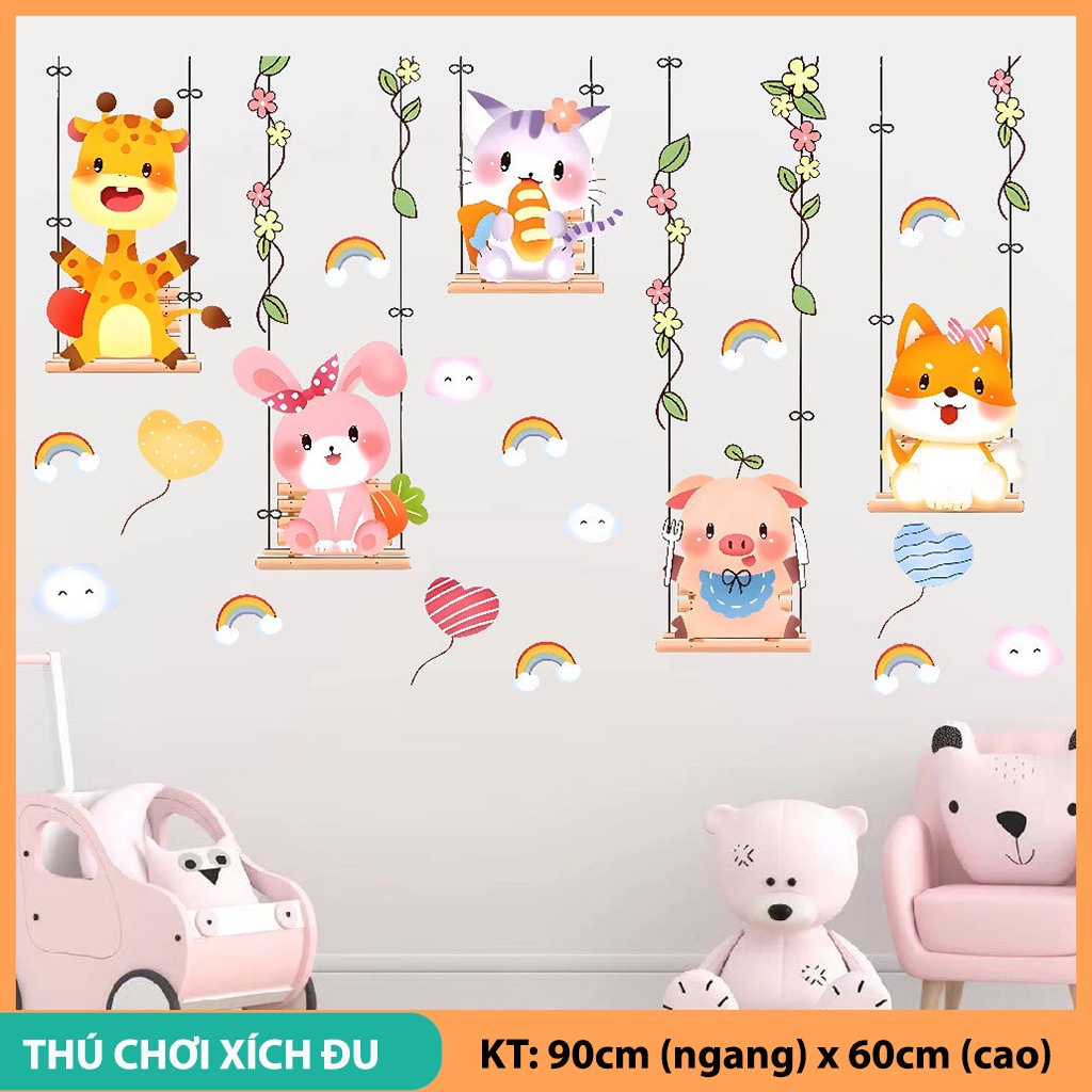 Tranh dán tường cho bé, decan dán tường thú ngồi xích đu ngộ nghĩnh C62