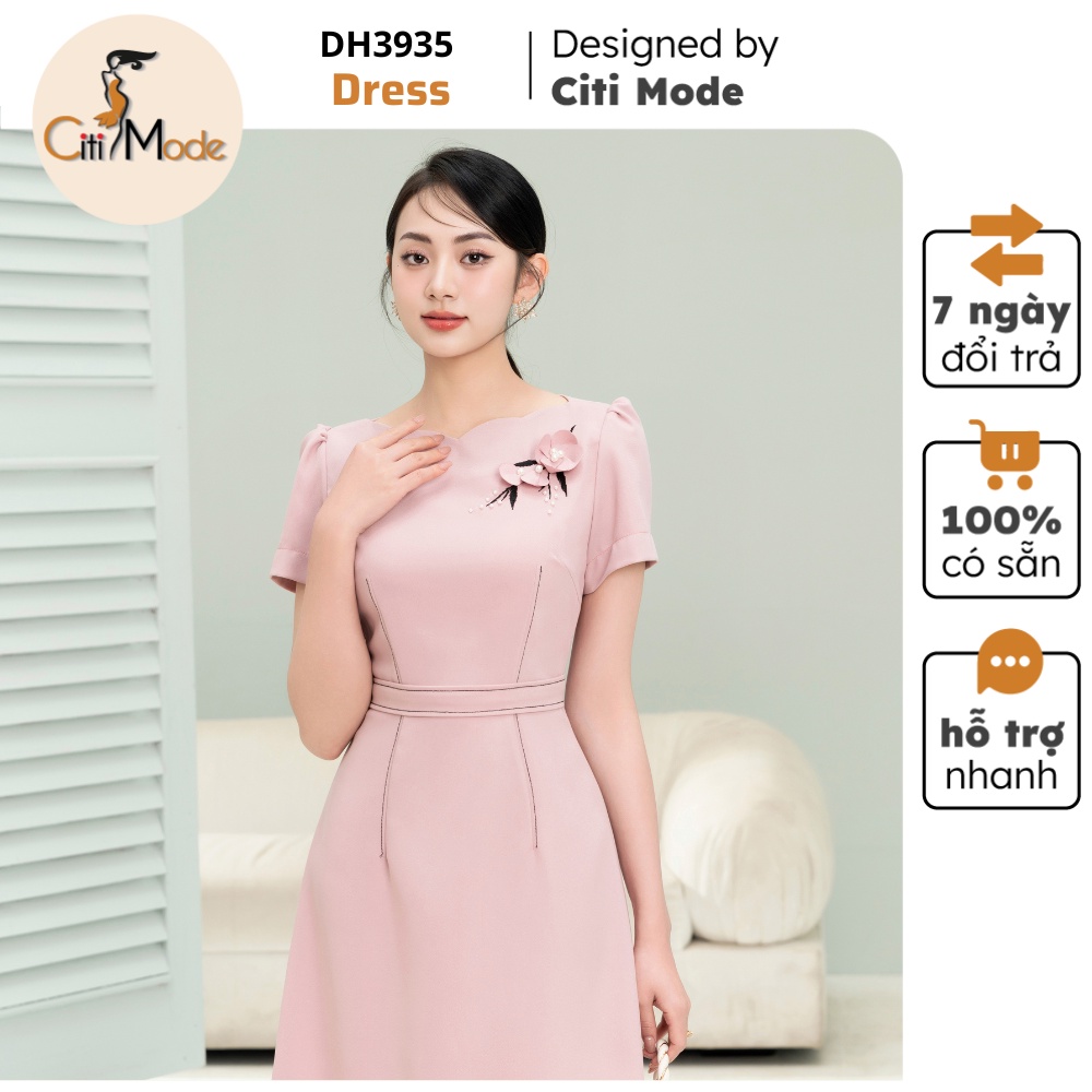 Đầm công sở CITI MODE FASHION thiết kế DÁNG A hồng phối cổ thuyền cách điệu thêu hoa DH3935