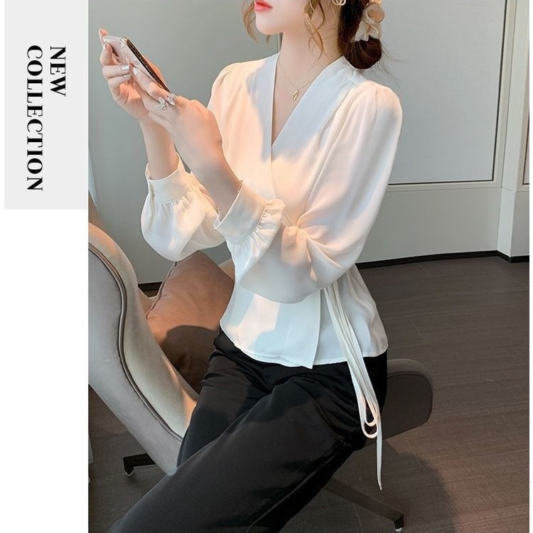 IVSD Women's Elegant Chiffon Tops V Neck Wrap Strappy Belt Blouses