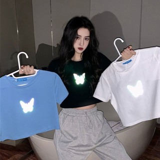 Áo croptop nữ họa tiết phản quang cá tính và phong cách, Áo phông nữ ngắn tay cổ tròn hot trend STYLEY T005