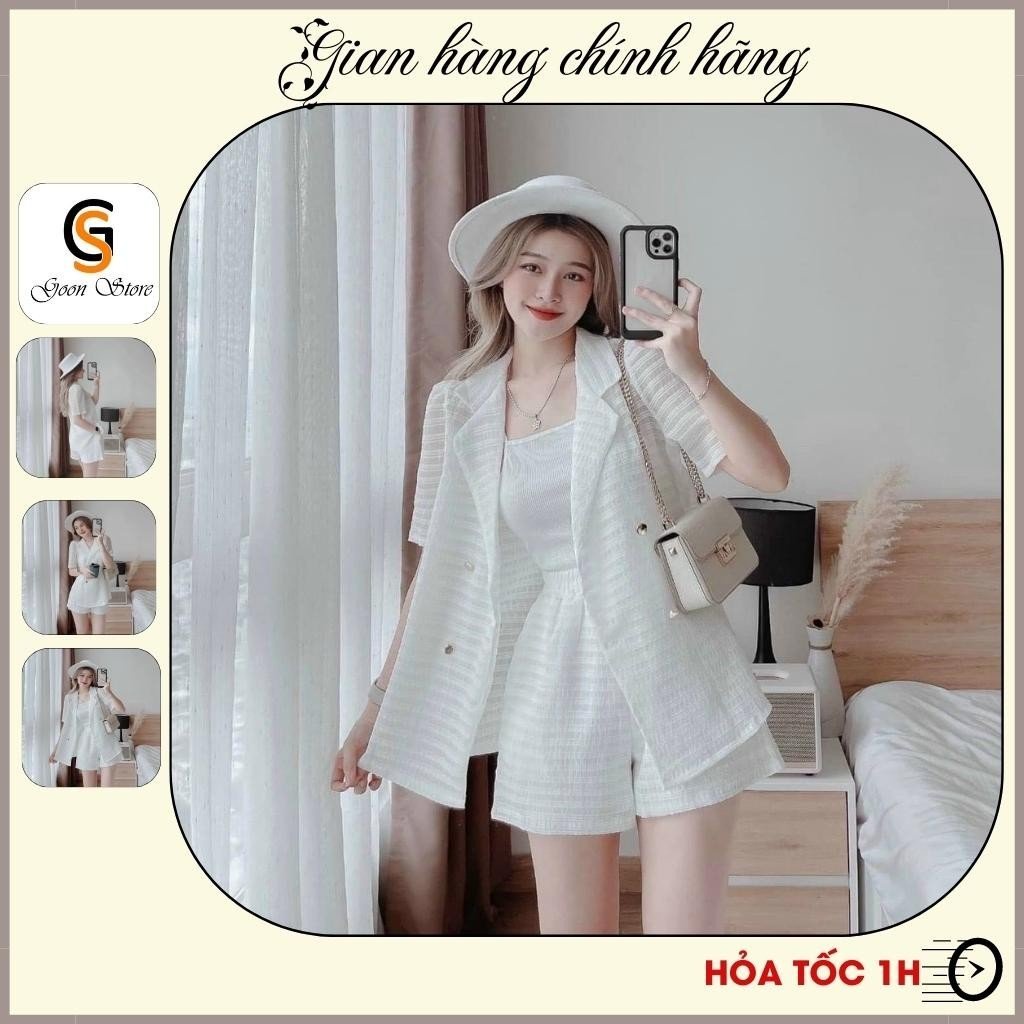 Set bộ thời trang nữ, set bộ cộc tay gồm 3 món áo cổ vet, áo lót trong, quần đùi mặc đi chơi phong cách trẻ trung