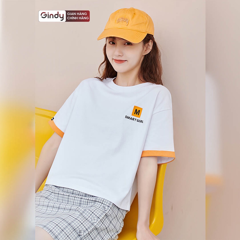 Áo phông tay lỡ nữ dáng lửng thun cổ tròn Smart unisex basic vải cotton thoáng mát phong cách Hàn Quốc GINDY A6175