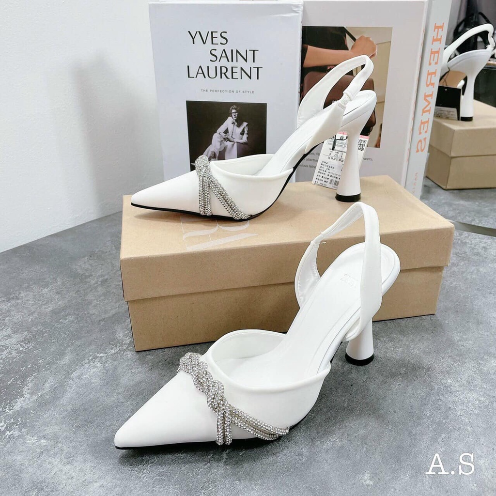 Slingback Zara cao gót bít mũi quai hậu rải đá trang trí 9p