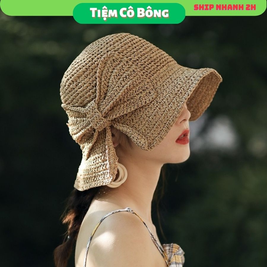 Mũ cói mềm kết nơ lớn phong cách Retro