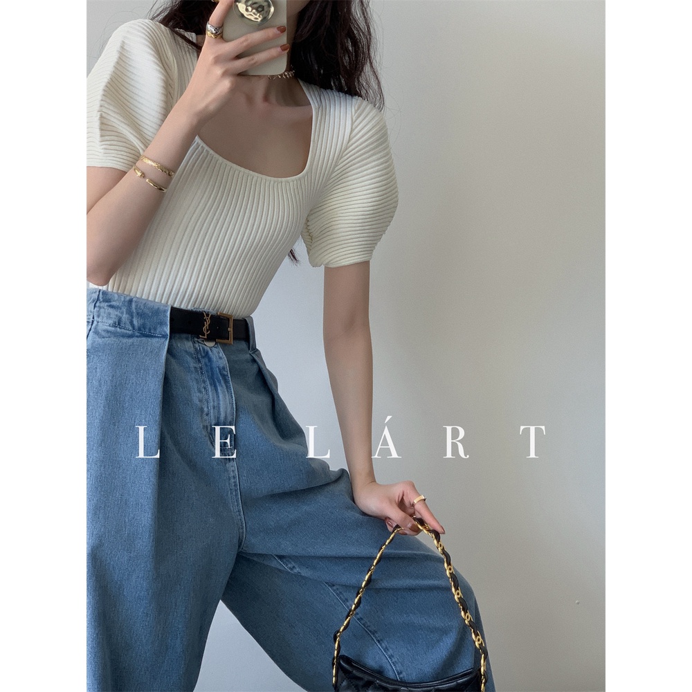 Áo Dệt Kim Cổ Vuông Màu Trơn Dáng Ôm Phong Cách Pháp Thời Trang Cho Nữ 2