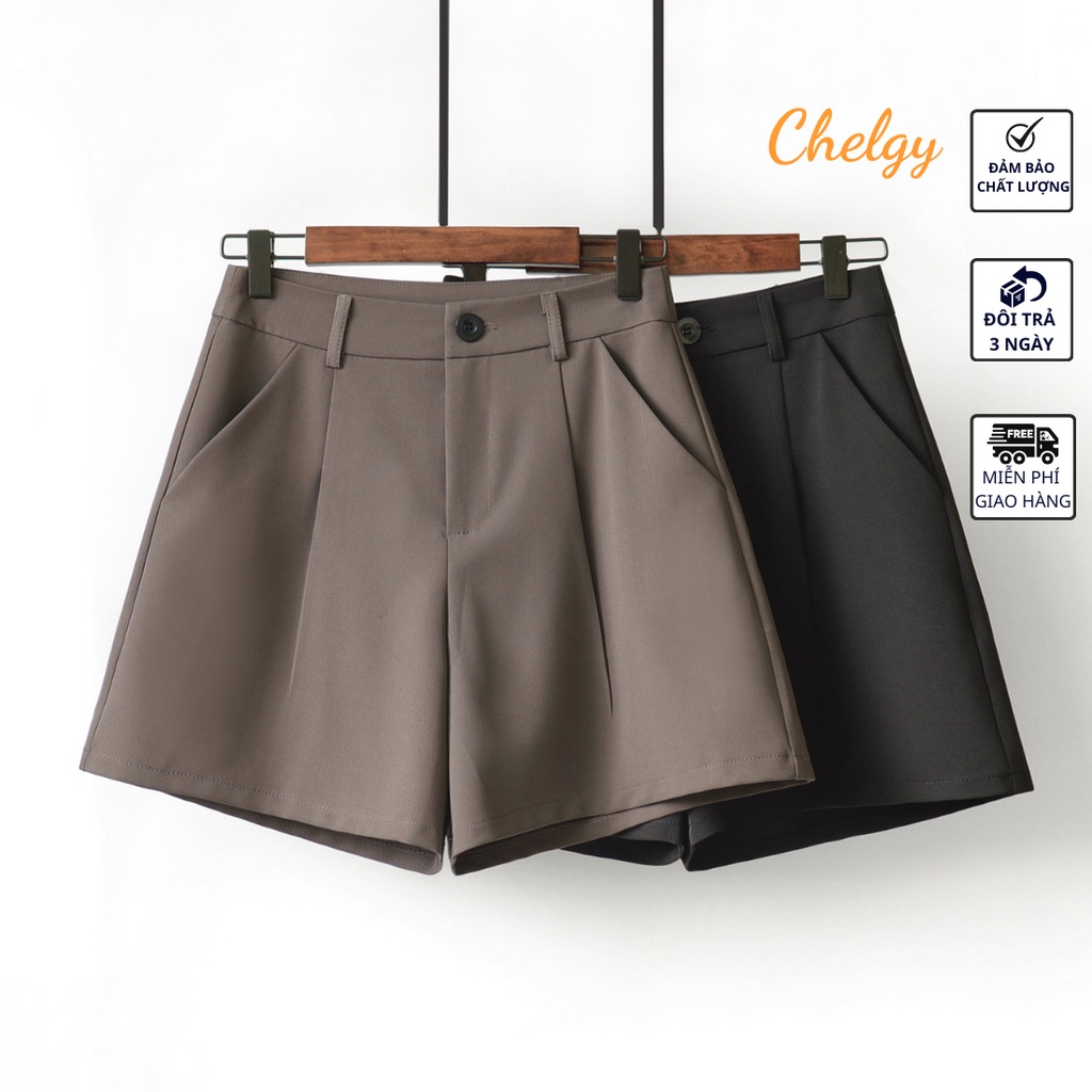 Quần Short Nữ Cạp Cao Chelgy Form Rộng, Quần Đùi Sooc Vải Cao Cấp Chống Nhăn Cạp Liền Basic Có Túi Nâu, Đen Cg - Qscl101