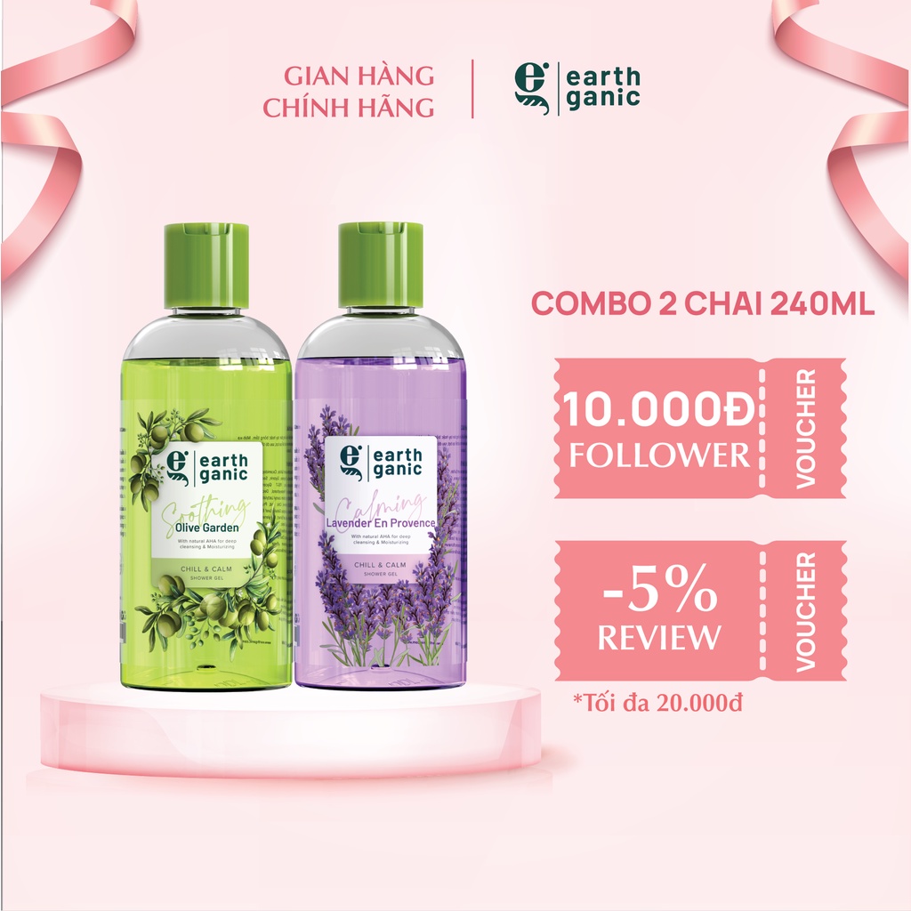 Combo 2 Sữa Tắm Dưỡng Ẩm Làm Sạch Sâu Hương Ô Liu Kết Hợp Earthganic 240ml/1 Chai