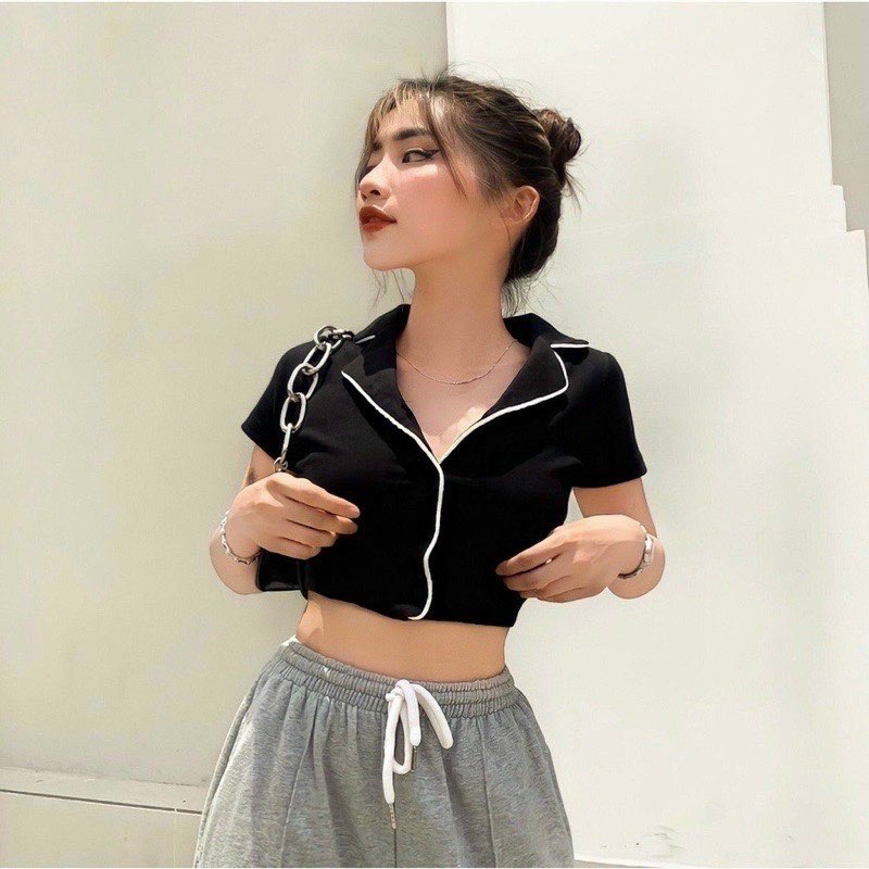 Áo Croptop Nút Viền Màu Cổ Bẻ