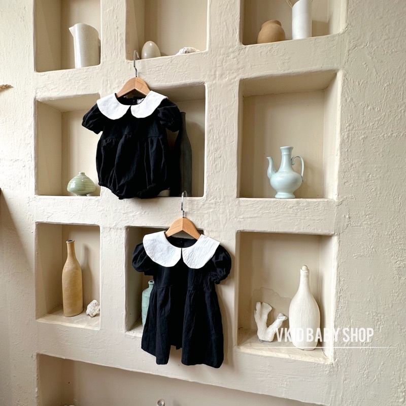 V9 Bộ liền thân bodysuit đen cổ trắng Vkid phong cách tiểu thư cho bé gái size 5-13kg