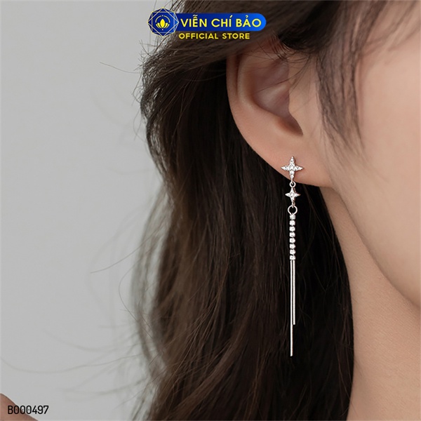 Bông tai bạc nữ sao 4 cánh dài đính đá chất liệu bạc Ý 925 thời trang phụ kiện trang sức Viễn Chí Bảo B000497