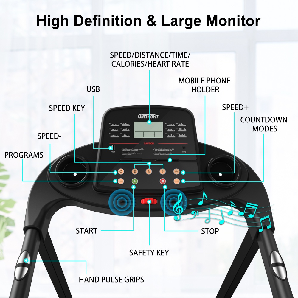 OneTwoFit Máy chạy bộ thông minh， Máy chạy bộ gấp điện Công suất 2,5 HP w/ Màn hình LCD và Giá đỡ cốc OT0332-03