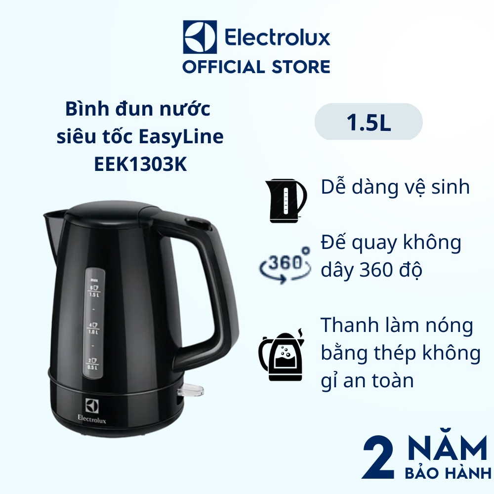 Bình đun nước siêu tốc Electrolux EasyLine EEK1303K - Dễ dàng vệ sinh, dung tích bình 1,5L, chân đế xoay 360º