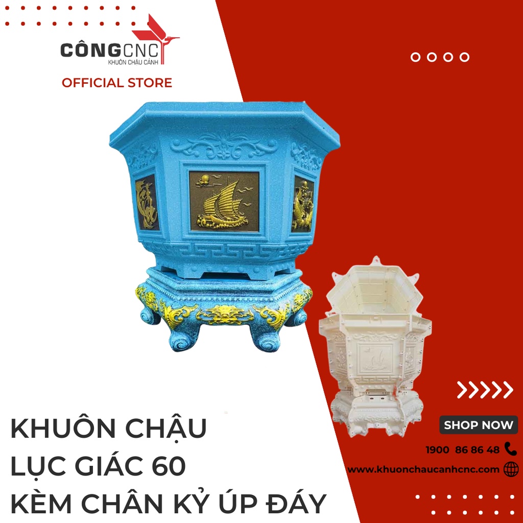 [Có bảo hành] Khuôn Đúc Chậu Đẹp, Khuôn Chậu Lục Giác 60 Chân Đôn Kỷ Úp Đáy