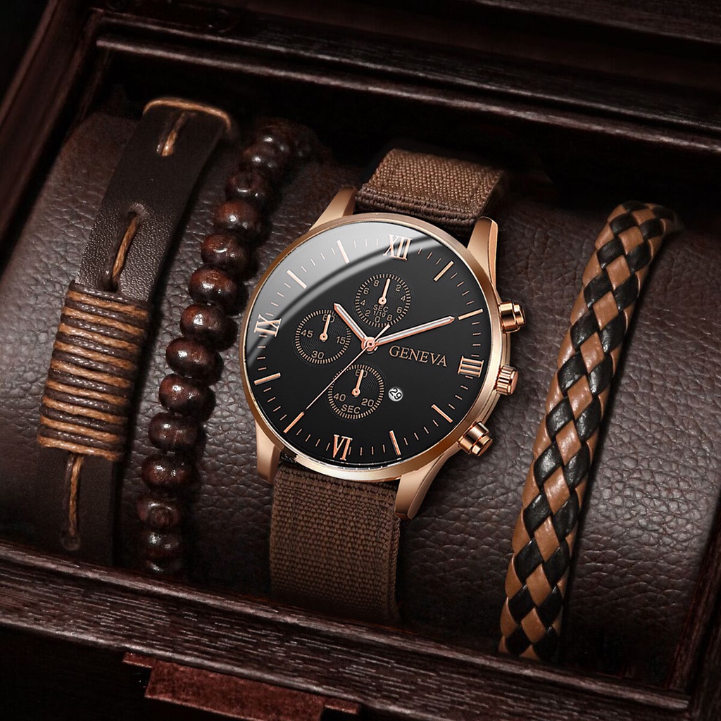 Đồng Hồ Quartz Nam Hiển Thị Ngày Dây Da Geneva