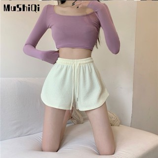 Quần đùi thể thao MUSHIQI lưng cao ống rộng thời trang năng động dành cho nữ