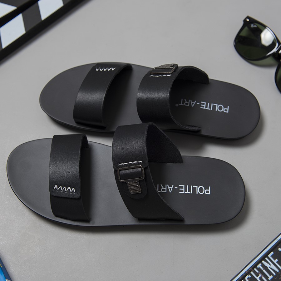 Dép nam quai ngang Polite - art da bò cao cấp 2 màu - BH 12 Tháng