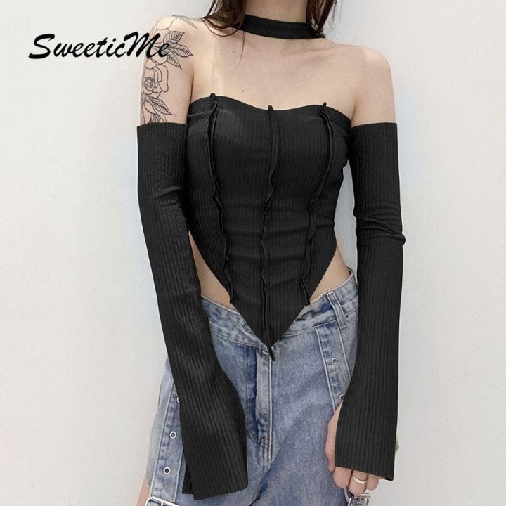 Áo thun nữ đi chơi tay dài trễ vai chất thun xốp mềm dáng ngắn phối dây choàng cổ kiểu tà nhọn xinh hot