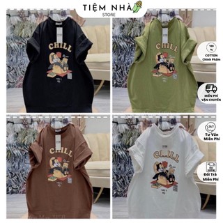 Áo thun 3158 form rộng nam nữ cotton khô in hình mèo chill