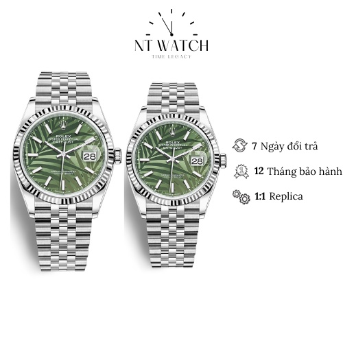 Đồng hồ đôi Rolex Datejust Olive Green Palm 126234 máy cơ mặt kính Sapphire viền máy Sunrise dây thép đeo tay cao cấp
