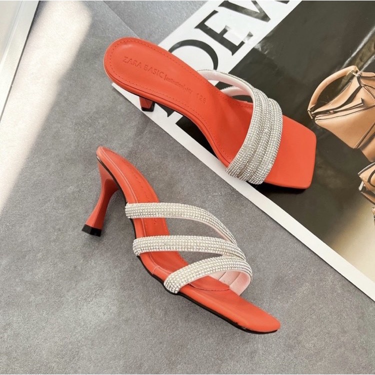 Guốc cao gót nữ bigsize dây xoàn đá bắt chéo sáng lấp lánh gót nhọn 5 phân G013