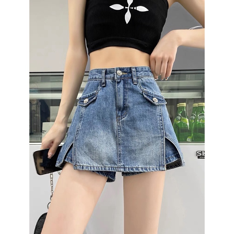 Quần Jeans giả váy xẻ sườn, quần short giả váy cạp cao xẻ sườn cá tính