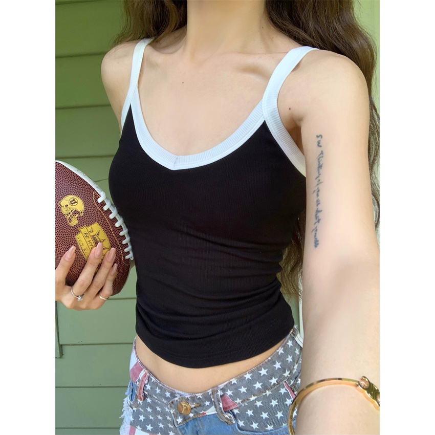 QADCOL Áo Hai Dây Mỏng Ôm Dáng Màu Sắc Tương Phản Phong Cách Hong Kong Cho Nữ