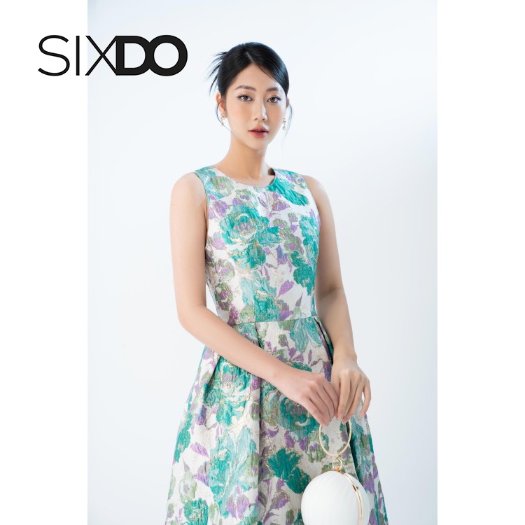 Đầm gấm không tay hoa xanh thời trang SIXDO (Green Floral Midi Brocade Dress)