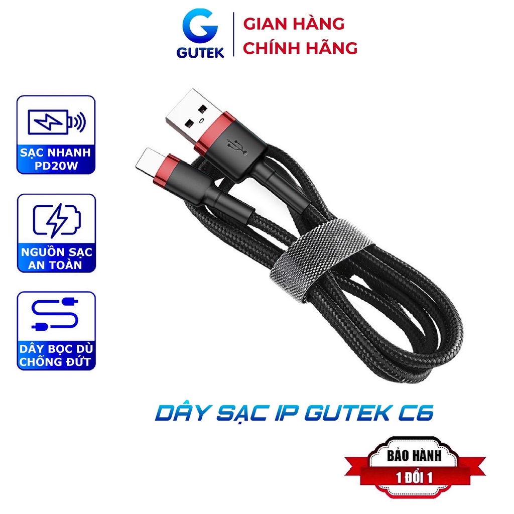 Dây sạc nhanh 20w và truyền dữ liệu Gutek C6 bọc dù cho 6 7 8 plus xsmax 11 12 13 pro max