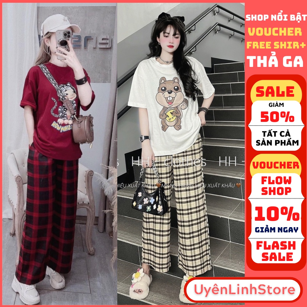 💖FREESHIP💖 Sét Đồ Nữ Đi Chơi Đi Học , Sét Đồ Bộ Nữ Cotton Áo Thun In Hình Mix Quần Ống Rộng Kẻ Caro