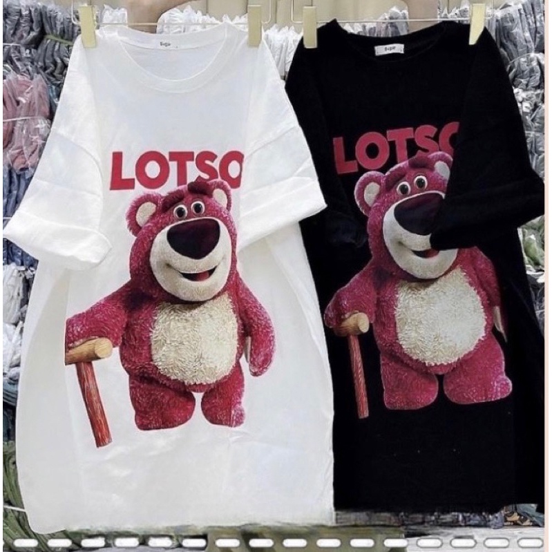 Áo thun in gấu LOTSO, Áo phông dáng rộng mặc trùm mông chất cotton thời trang