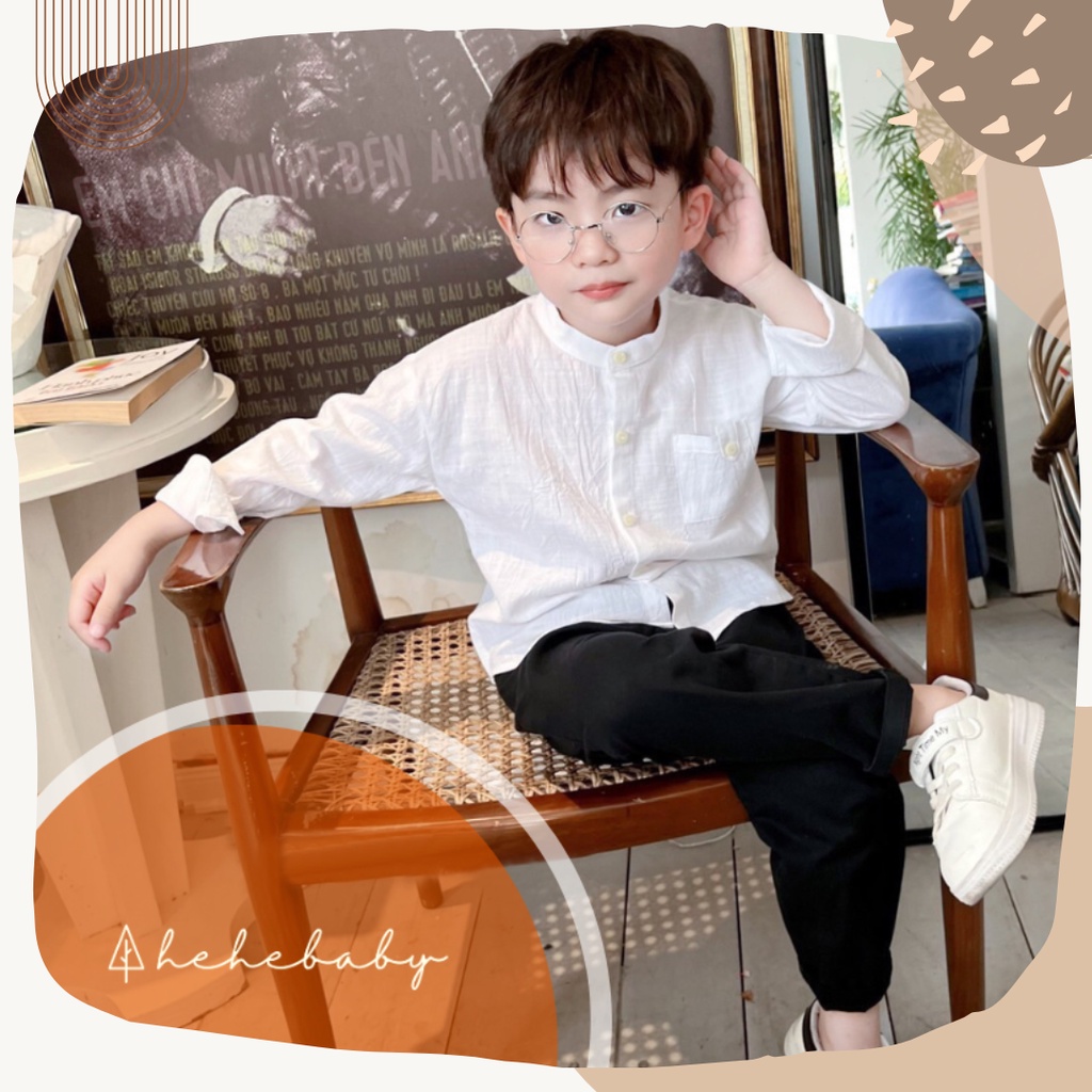 Áo sơ mi trắng cổ trụ cho bé trai 9kg-25kg phong cách Hàn Quốc