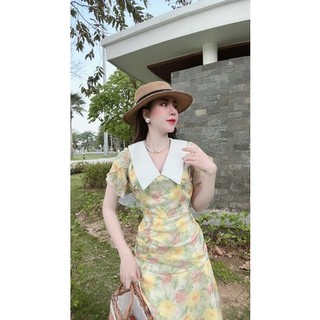 Đầm tơ hoa rúm eo phối cổ sơmi