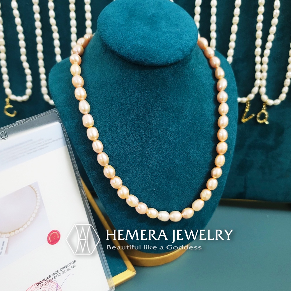 Chuỗi vòng cổ ngọc nuôi nước ngọt thật Hemera hạt 8 li kiểu dài sắc màu HMR4