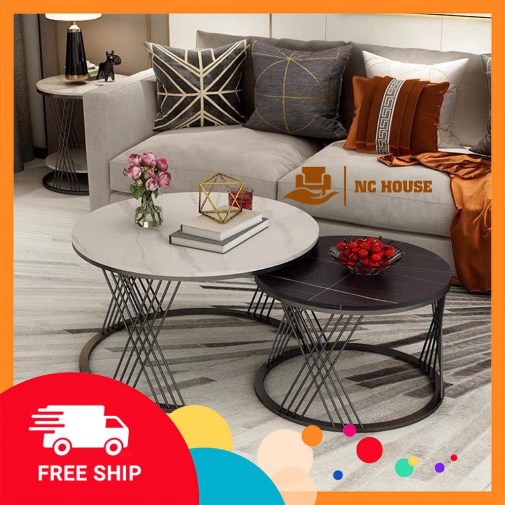Đơn tỉnh ib shop - Bàn trà đôi Sofa phòng khách mặt đá tròn chân 4 nan chéo chữ X sang trọng, hiện đại