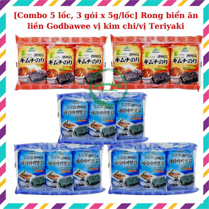 Rong biển Godbawee vị kim chi/vị Teriyaki Hàn Quốc (3túix5g/lốc)