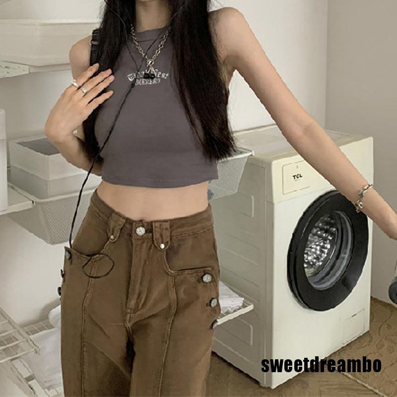 Áo Croptop Sát Nách Cổ Tròn Thêu Chữ Thời Trang Mùa Hè Cho Nữ