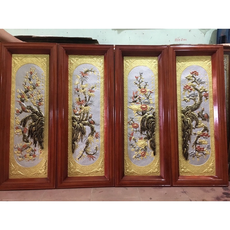 Tranh tứ quý xuân hạ thu đông tùng cúc trúc mai bằng đồng