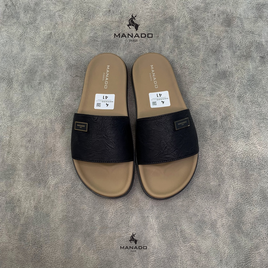 Dép da nam quai ngang cao cấp Manado Mã MND13 màu đen vàng fullbox, quai da mềm mại, đế cao su thiết kế chắc chắn