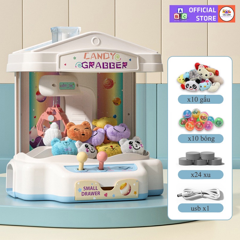 Máy Gắp Thú Bông Mini Cối Xoay Gió Dành Cho Bé Có Nhạc Và Đèn Kèm Xu Đếm Thời Gian, Có Sẵn Nhiều Thú Bông Cho Trẻ Em