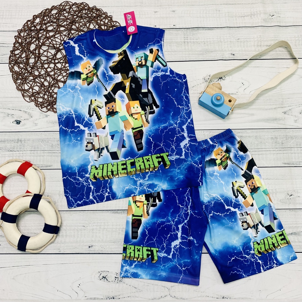 Đồ Bộ ba lỗ bé trai, bộ sát nách thun lạnh in hình Minecraft nhiều màu size từ 10kg - 60kg chất đẹp co giãn 4 chiều