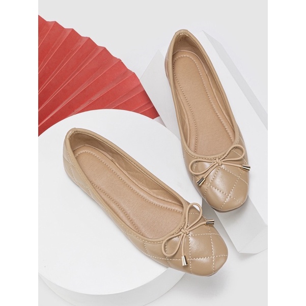 Giày búp bê nữ trám chần đính nơ siêu êm chân