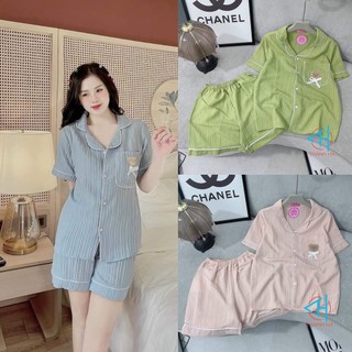 Bộ đồ ngủ nữ pyjama viền bèo túi gấu siêu xinh chất đũi gân mềm mịn Thanh Hà shop